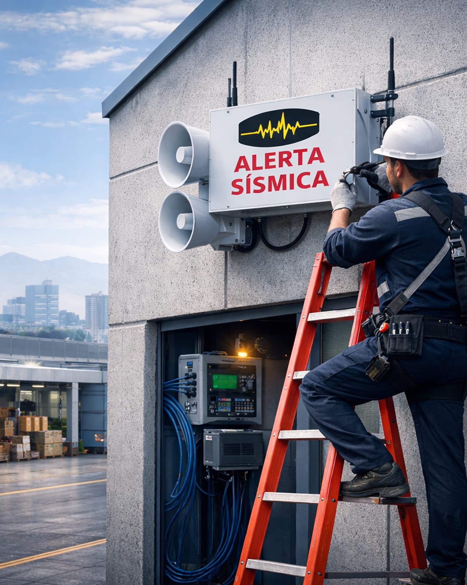 Técnico de Alvic instalando un sistema de alerta sísmica en un entorno industrial